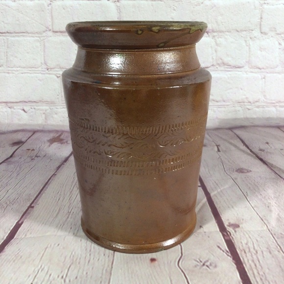 Vintage Handmade Salt Glazed Incised Pottery Crock - Picture 2 of 8